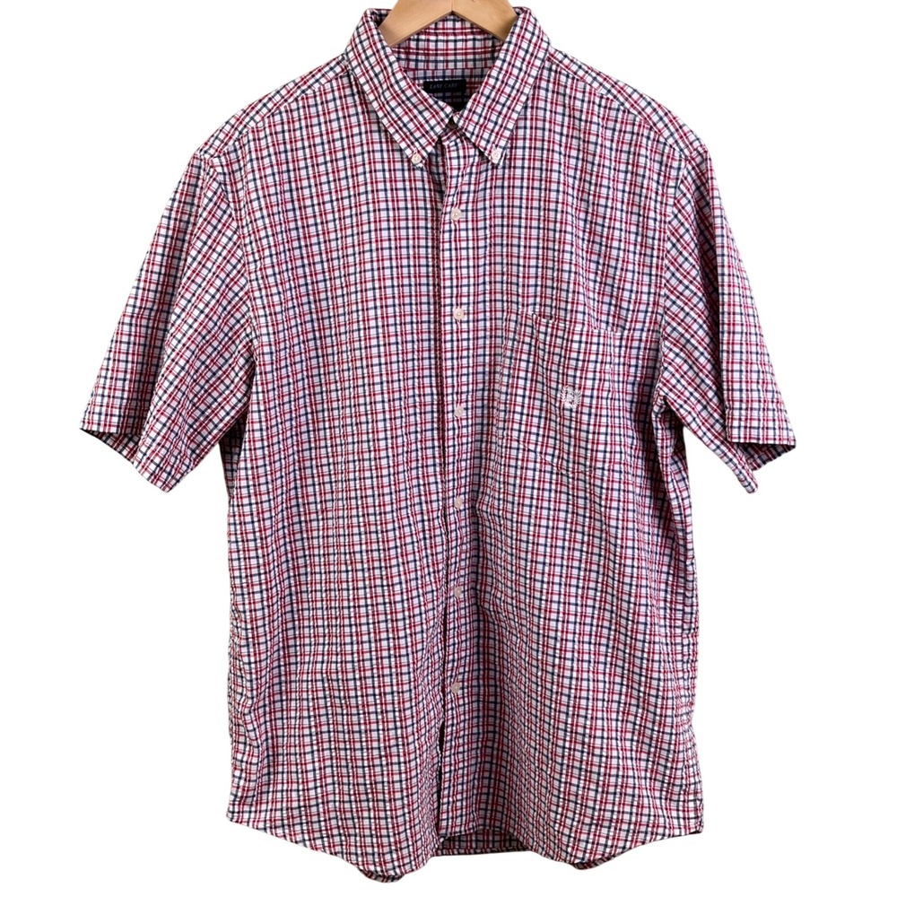Chaps Seersucker Red White Blue Check Short Sleeve Summer Shirt Size Large